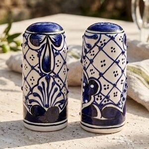 Salt And Pepper Shaker Set Mexican Talavera Pottery Textured Cobalt Blue & White